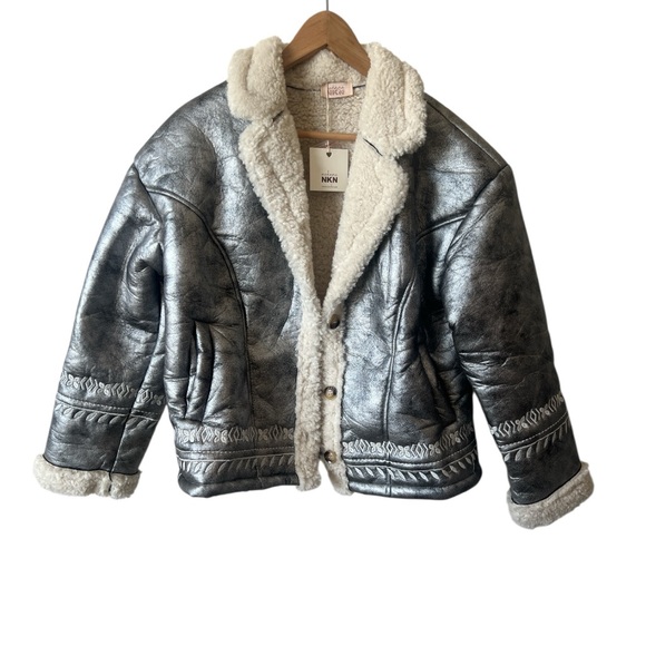 NKN Nekane Gaia Silver Faux Leather Embroidered Aviator Bomber Jacket Small - Picture 4 of 12